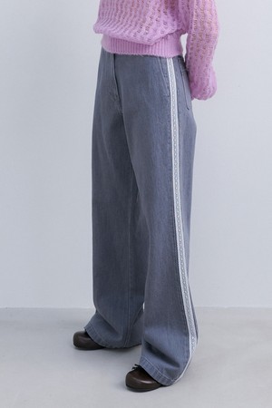 LACE TRIM DENIM PANTS - ICY GREY