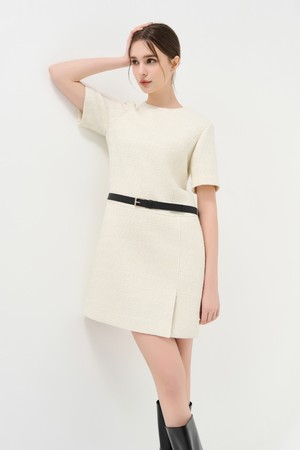 트위드 벨트 미니 드레스_IVORY