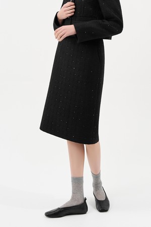 트위드 미디 스커트_BLACK