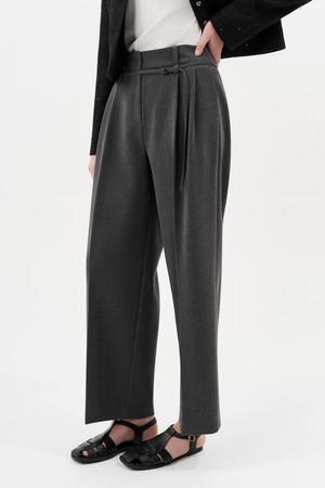 벨트 디테일 핀턱 와이드 팬츠_MELANGE GREY