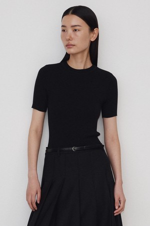 Merino Wool Silk Half Sleeve Rib Knit_Black