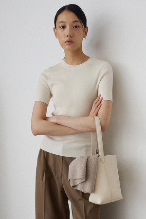 Merino Wool Silk Half Sleeve Rib Knit_Cream