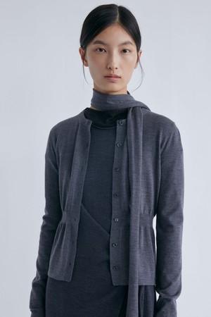 Rib Round Neck Cardigan_Charcoal