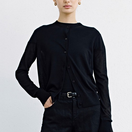 Summer Round Neck Knit Cardigan_Black