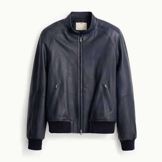 Leather Bomber Jacket_Navy