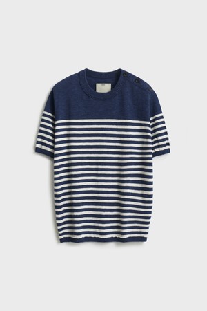 Short Sleeve Shoulder Button Knit_Navy Stripe