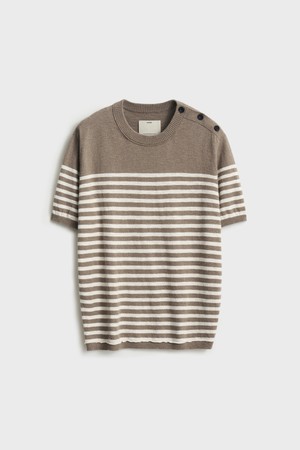 Short Sleeve Shoulder Button Knit_Beige Stripe