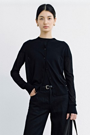 Summer Round Neck Knit Cardigan_Black