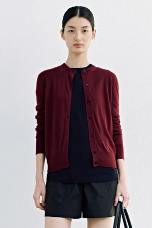 Summer Round Neck Knit Cardigan_Burgundy