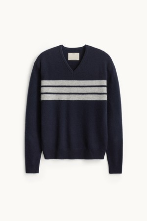 Cashmere V-neck Stripe Knit_Dark Navy
