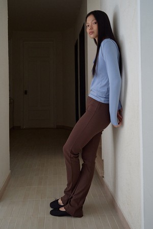 Rib Button Leggings Pants (Brown)