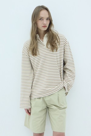 Lucid Stripe Polo Long Sleeve T-shirt_Light Beige