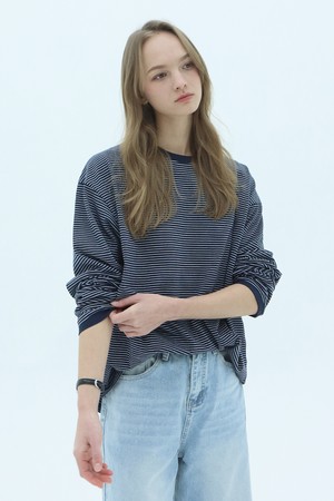Mono Stripe Oversized Long Sleeve T-shirt_Navy
