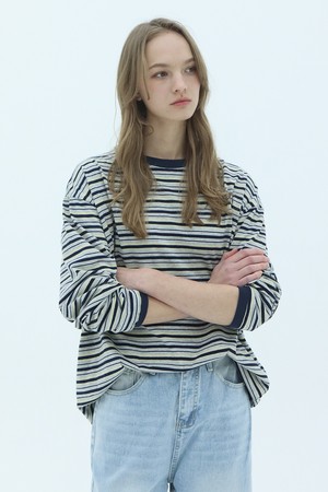 Mellow Stripe Oversized Long Sleeve T-shirt_Navy