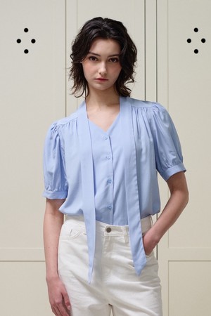 Half shiny tie blouse (2Color)