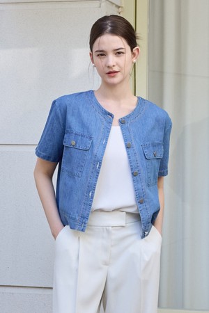 블루 데님 스티치 크롭자켓_블루