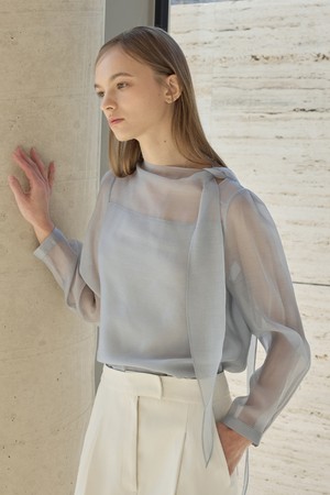 Tencel Sheer Neck Blouse_Blue Gray