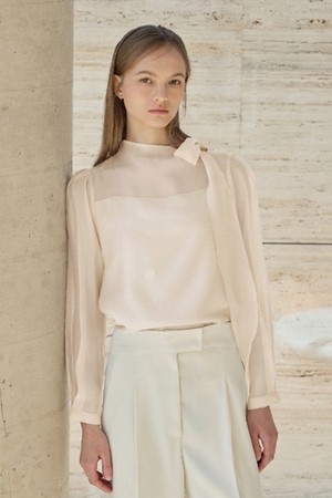 Tencel Sheer Neck Blouse_Light Beige