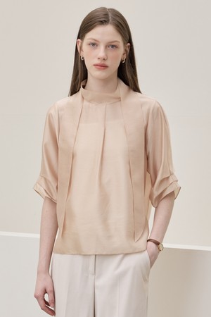 Cross Tie Silky Blouse_Coral Beige