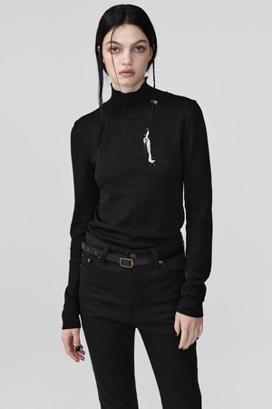 VISCOSE TURTLE NECK SHEER KNIT TOP (BLACK)
