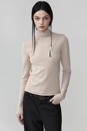 VISCOSE TURTLE NECK SHEER KNIT TOP (SAND BEIGE)