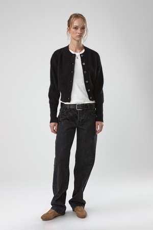 BUTTON UP FOX WOOL HAIRY KNIT CARDIGAN (BLACK)