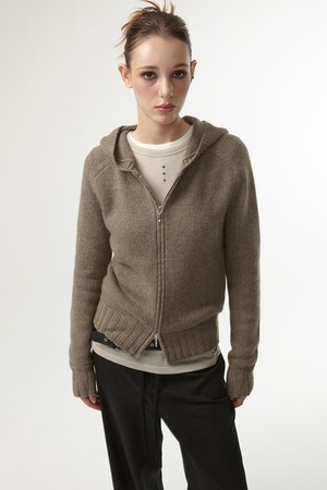 HOOD ZIP UP KNITTED CARDIGAN (DARK BEIGE)