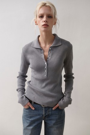 RELAX-FIT RIBBED DEEP POLO KNIT (STEEL GREY)