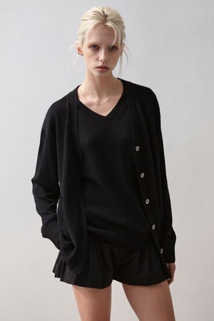 SILK BLEND V NECK LAYER KNIT CARDIGAN (BLACK)