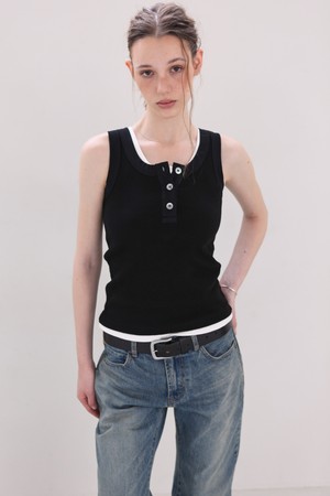 RIBBED COTTON HENLEY NECK TANK (BLACK)