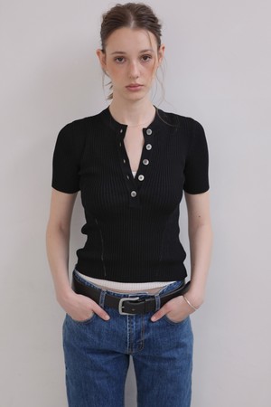HENLEY NECK RIBBED HALF SLEEVE KNIT (BLACK)