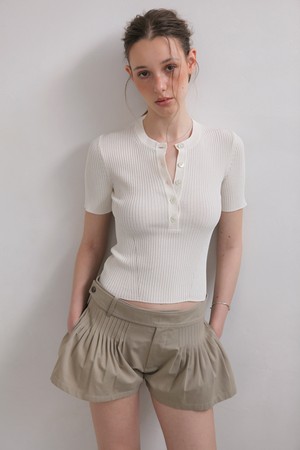 HENLEY NECK RIBBED HALF SLEEVE KNIT (IVORY)