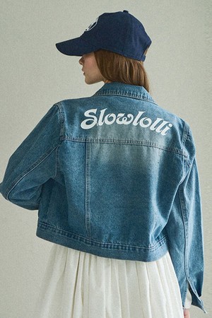 Washing denim lettering jacket - Mid blue