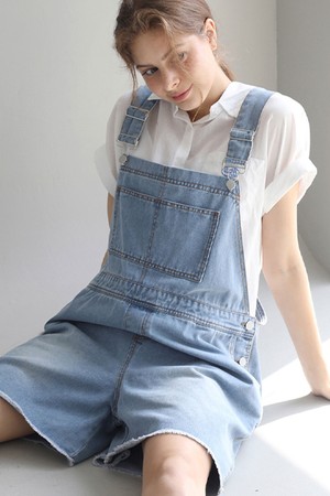Cross-back denim overall - Light indigo