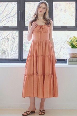 Ribbon shirring sleeveless dress - Orange