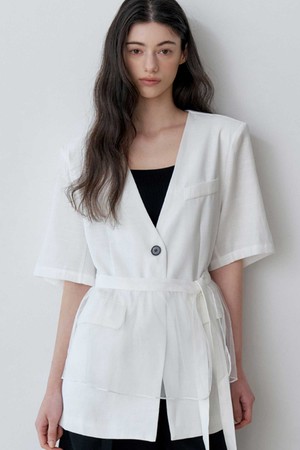 CHIFFON LAYERED SHORT SLEEVE HALF JACKET (WH)