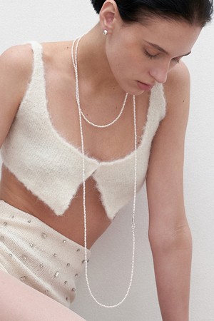 thin pearl too long necklace - silver