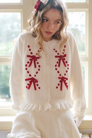 Cest_Ruffle velvet bow knit cardigan