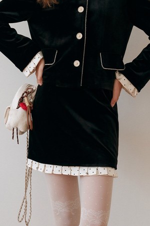 Cest_Polka dot velvet skirt
