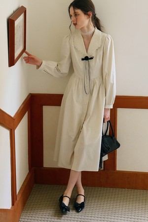 Cest_Striped pearl button shirt dress