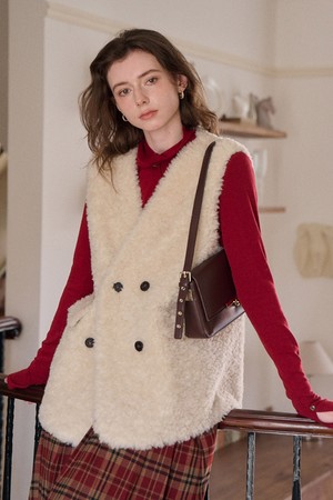SR_V-neck fur integrated cardigan vest