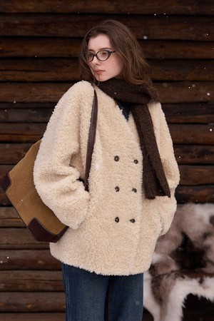SR_V-neck fur integrated coat
