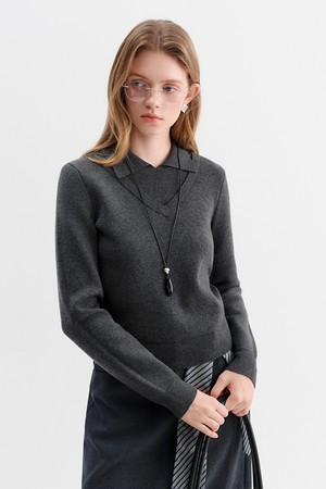 WD_Fake two-piece collar knit top