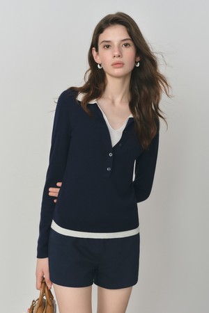 WD_Button fake two-piece knit top_NAVY