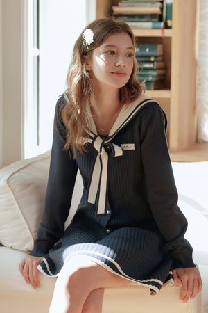 Cest_Navy collar knit cardigan
