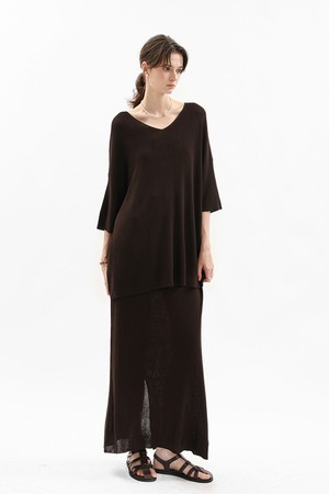 Deep v-neck knit top and skirt set_2color