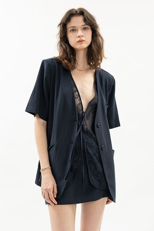 Linen blend lace jacket and skirt set_3color