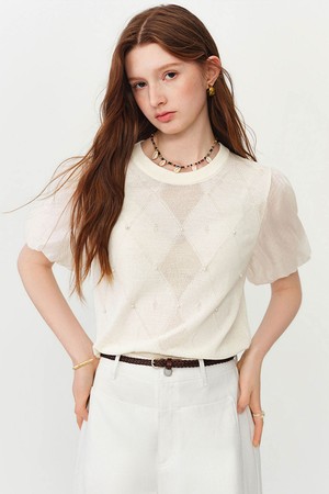 Beaded sheer puff sleeve knit top_2color