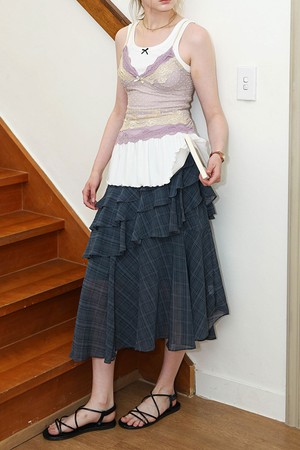 DD_Ruffle flare check skirt_NAVY