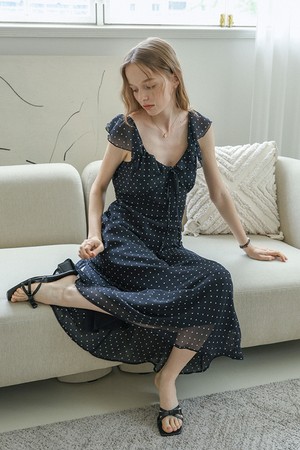 DD_Ribbon shirring dot dress_BLACK